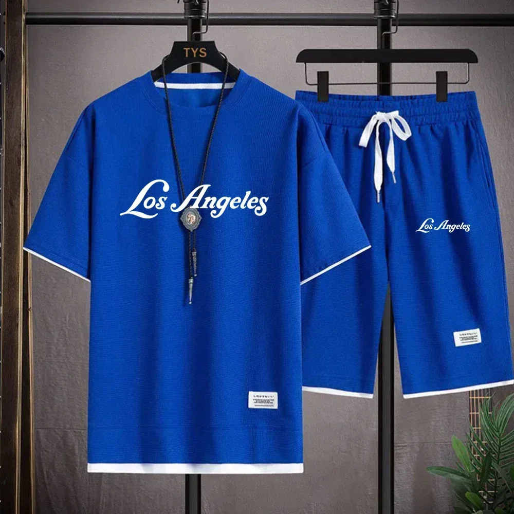 Sports Tshirt and Shorts Set Summer Mens Simple Casual Waffle Shaped Short Sleeved Set 250707