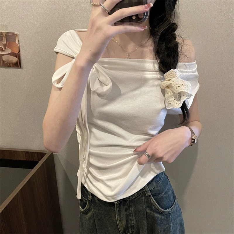 2025 Summer new women's T-shirt pure desire shoulder strap collar short sleeved women's T-shirt summer new slim fit top new designer T-shirt