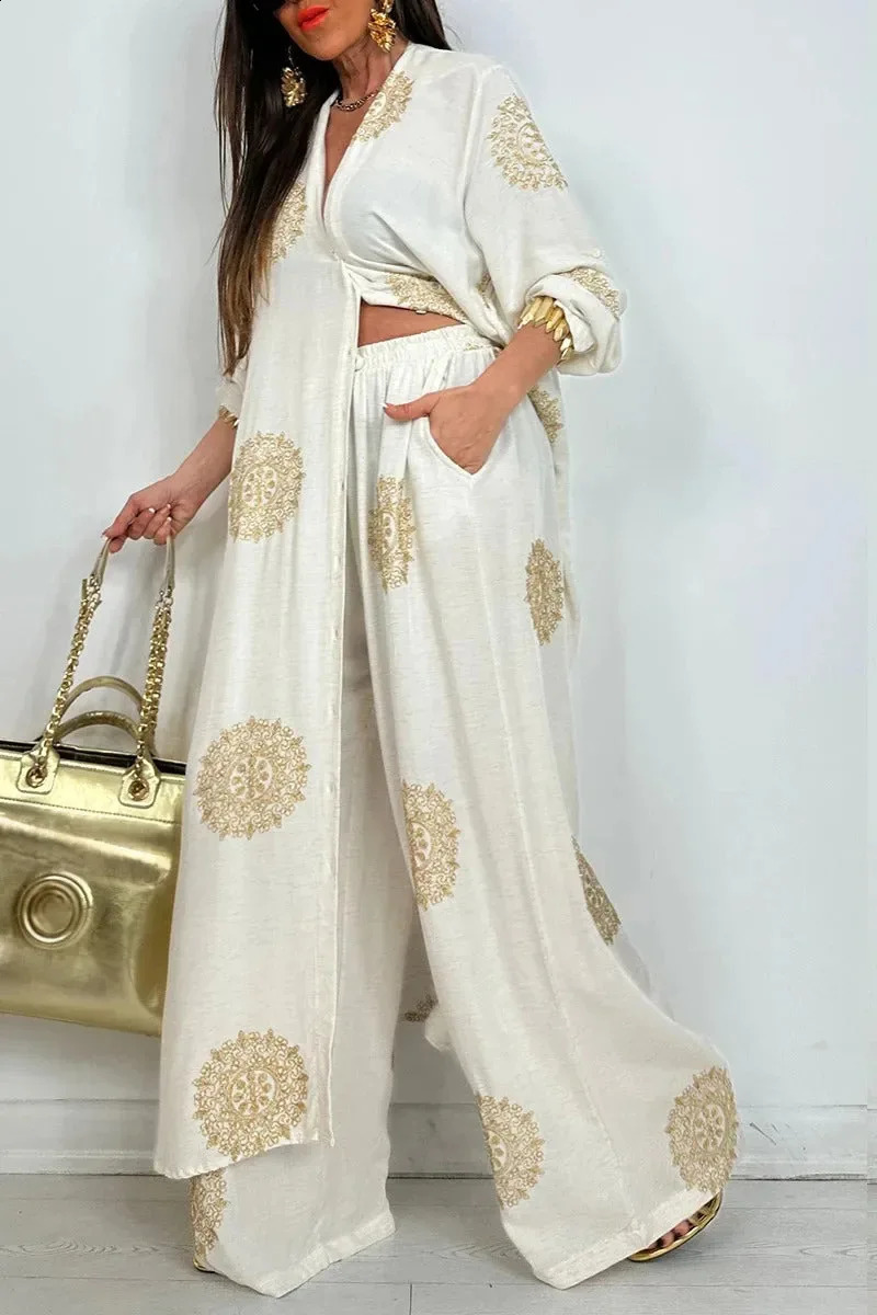 Womens Loose Long Vintage Printed Robe Set Spring Summer Casual Button Shirt Blouses Wide Legs Pants Oversized Two-piece Outfit 250703