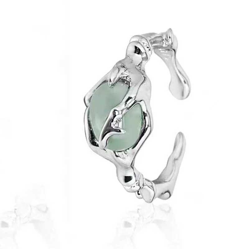 925 Sterling Silver Plated Liquid Lava Hetian Jade Bamboo Ring for Women Girl Gift Irregular Vintage Jewelry Dropshipping XJ250707