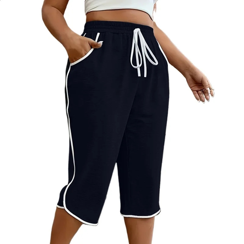 Plus Size 1XL5XL Women Fashion Comfortable Stretchy Three Quarter Pants for Casual Solid Color Functional Pockets 250628