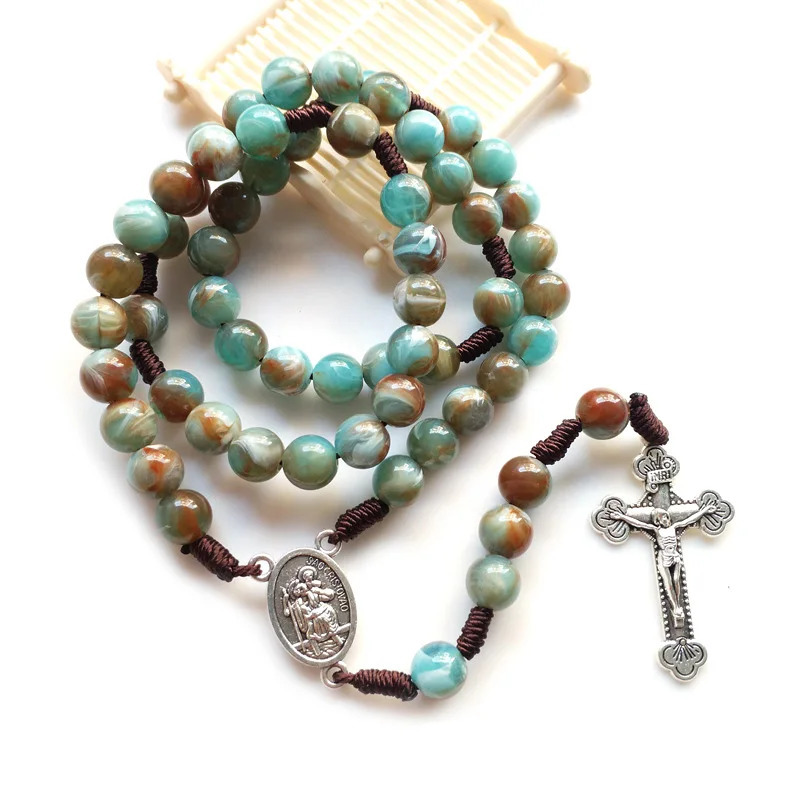 QIGO Catholic Jewelry Blue Acrylic Strand Weave Rosary Necklace Cross Religious Gifts 250704