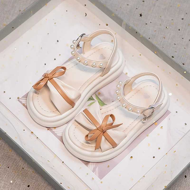 Girls Sweet Princess Sandals Soft Bottom Children Summer Beach Shoes Non-Slip Soft Sole Kids Flats Beading Sandals with Bow-knot R250707