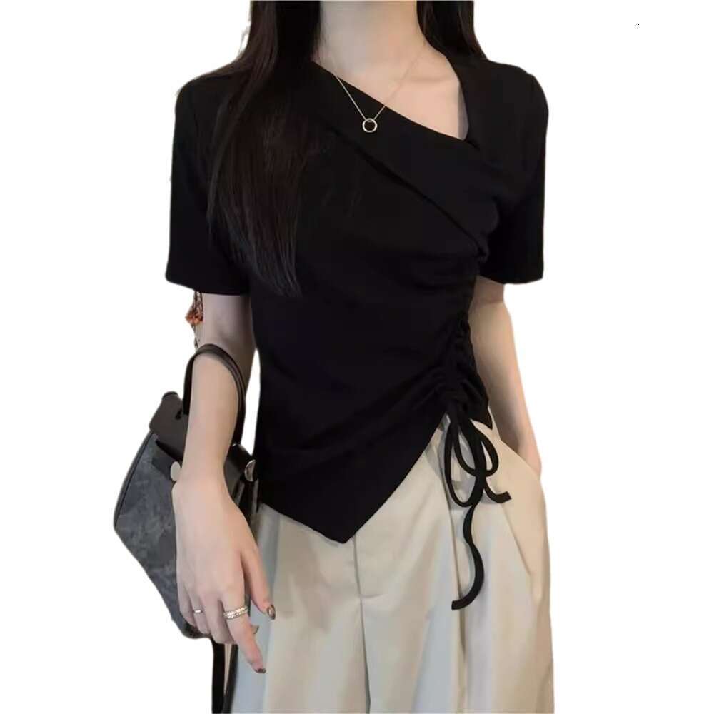 New Korean Style Sweet Elegant Design Sense Niche Irregular Drawstring Unique V-Neck Short Sleeve T-Shirt Top For Women B5