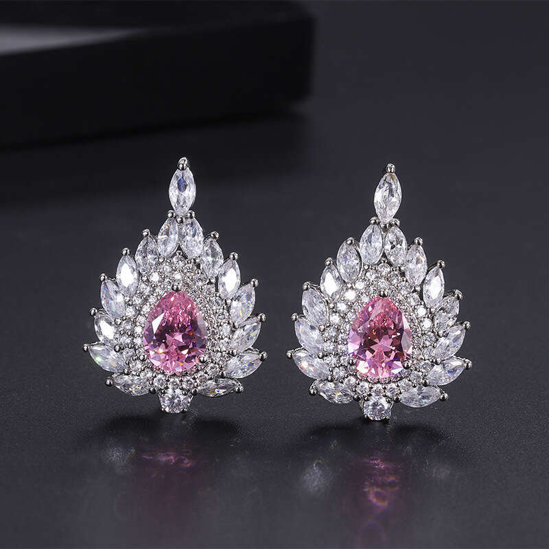 S Sier Needle Trendy Imitation Jewelry Accessories Set High-End Pink Dia Earrings Ring Pendant For Women 590