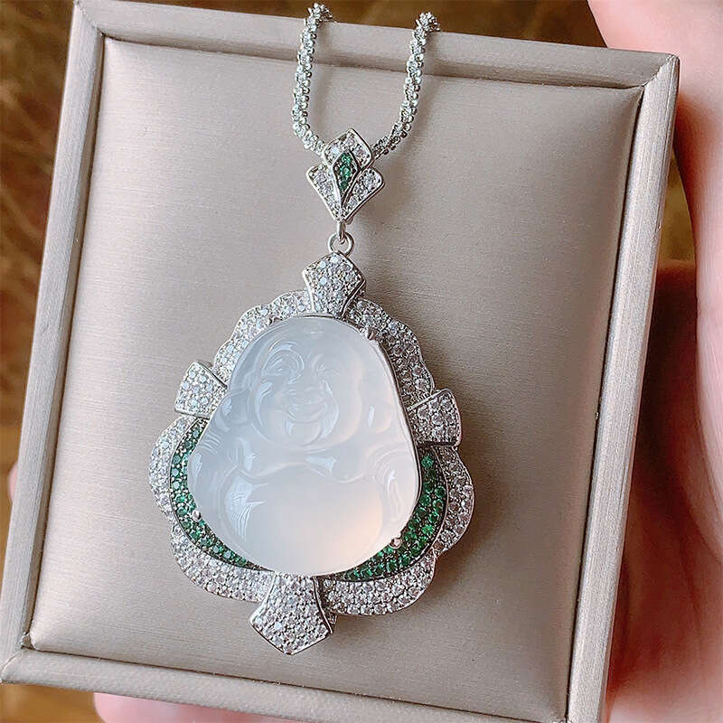 Huayoumei Jewelry Green White Chalcedony Laughing New Chinese Accessories National Style Maitreya Necklace Small Buddha Pendant A9d