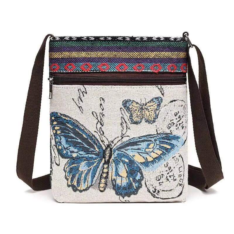 Women Small Canvas Embroidered Phone Shoulder Retro Ethnic Style Travel Outdoor Messenger Crossbody Bag ddmynov