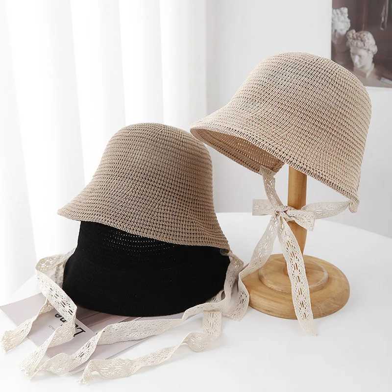 Japanese Minimalist Knit Bucket Hat For Women Wide Brim Sun Hat With Ribbon Beach Cap For Outdoor Travel City Casual Sunhat New Y250707