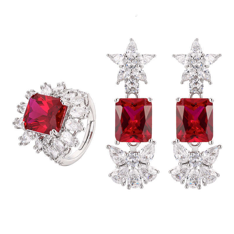 New Set Jewelry Earrings Rings Square Colorful Gemstone Red Corundum Fashion Light Women's Style 428