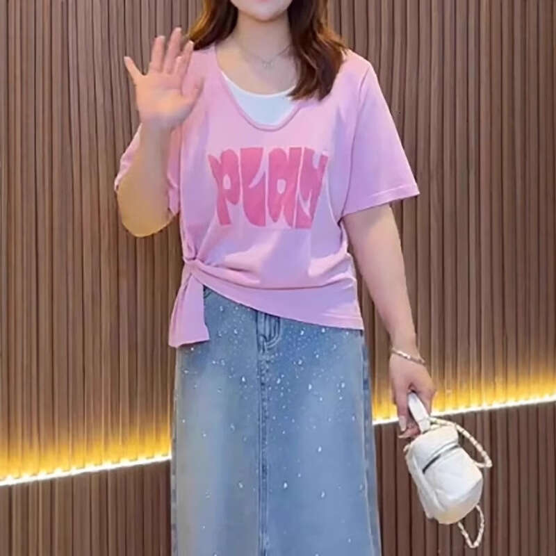 Fake Two-Piece Round Neck Short Sleeve T-Shirt For Women Summer Large Size Design Sense Patchwork Color Block Letter Commuter Top B5