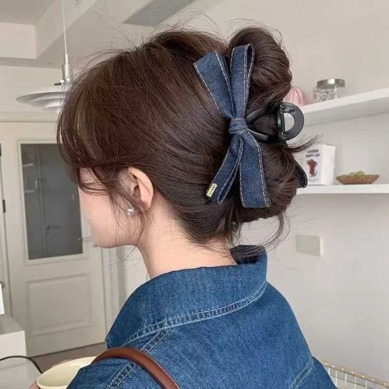 Korean fashionable denim bow grab clip new high-end hairpin large shark clip headdress on the back of the head Z250707