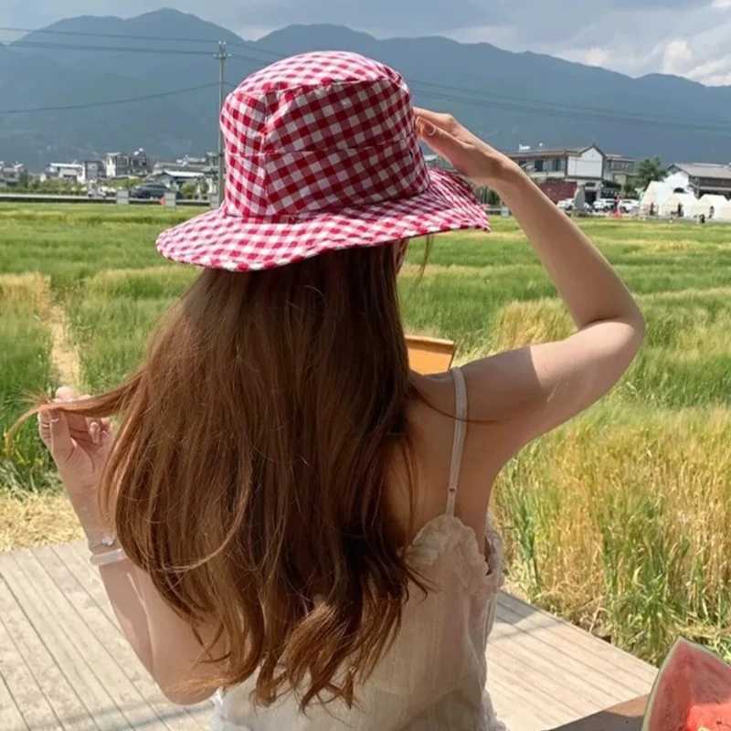 Vintage Plaid Bucket Hats Women Versatile Sweet Lace-up Fishermans Hat Summer Wide Brim Sun Protection UV Protection Sun Hat Y250707