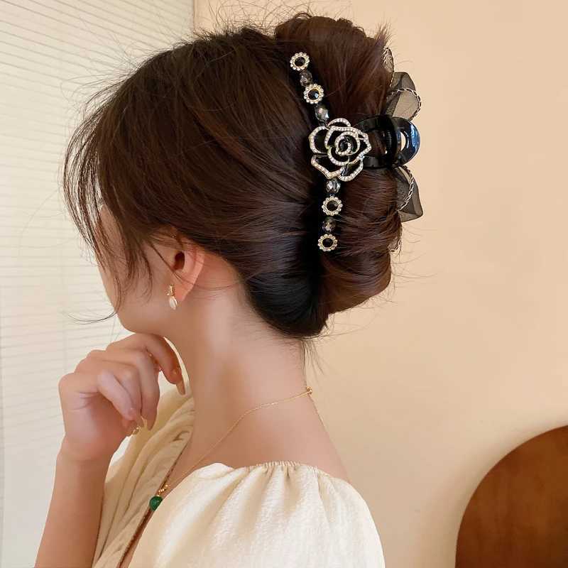 Black Double Rhinestones Camellia Bow Net Shark Hair Claw Clips for Women Fashion Temperament Exquisite Accessories Wholesale Z250707