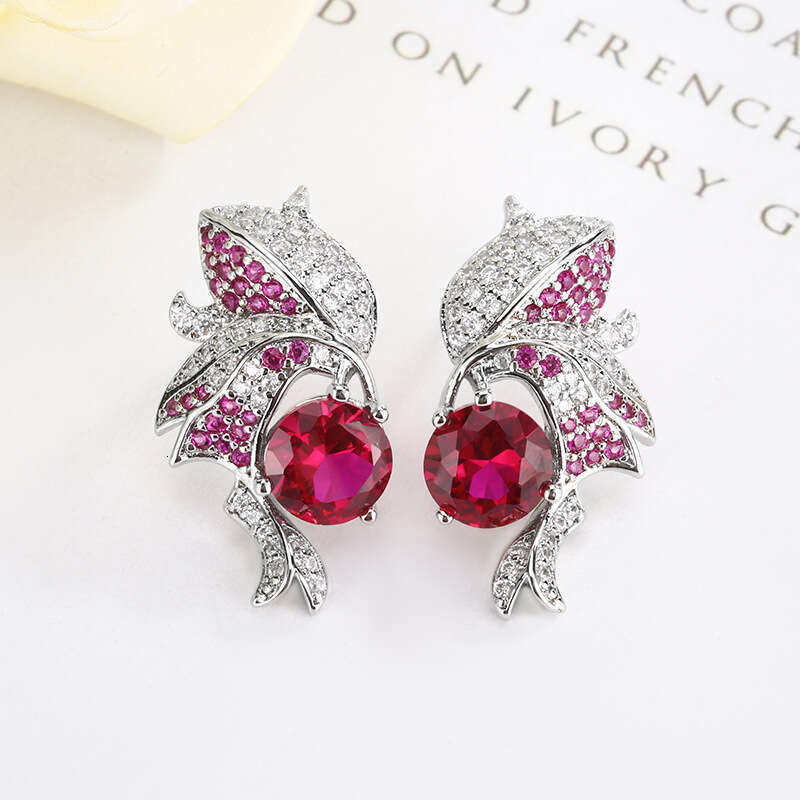 Huayoumei Jewelry S Sier Needle Earrings Red Corundum Blue Spinel Women's High-End Feel 27C