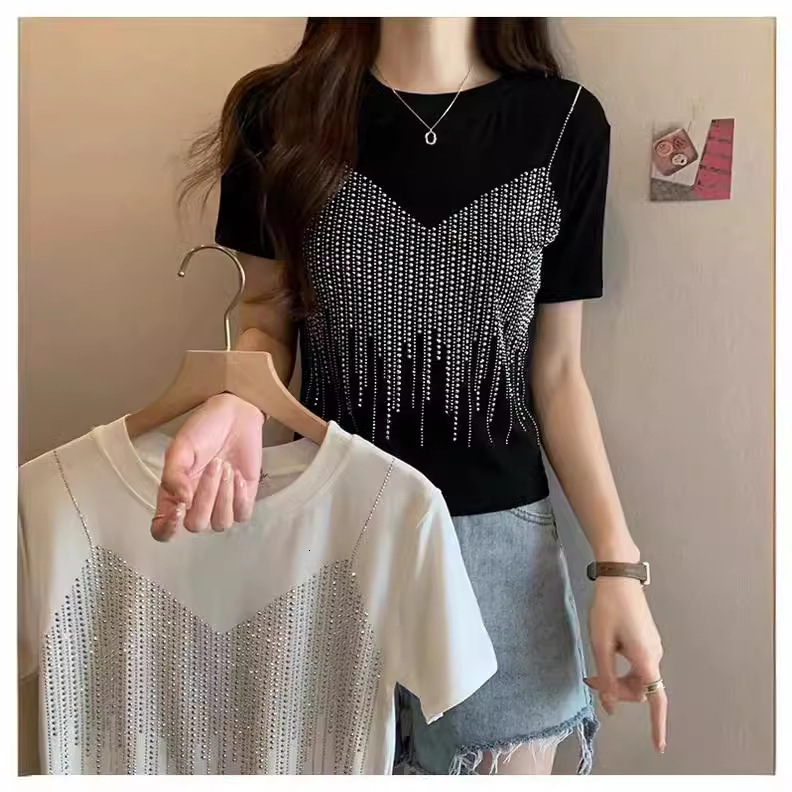 2025 Summer New Women's T-shirt Embroidered Diamond Anti Strap Short Sleeve Women's T-shirt Summer New Large Round Neck New Designer T-shirt