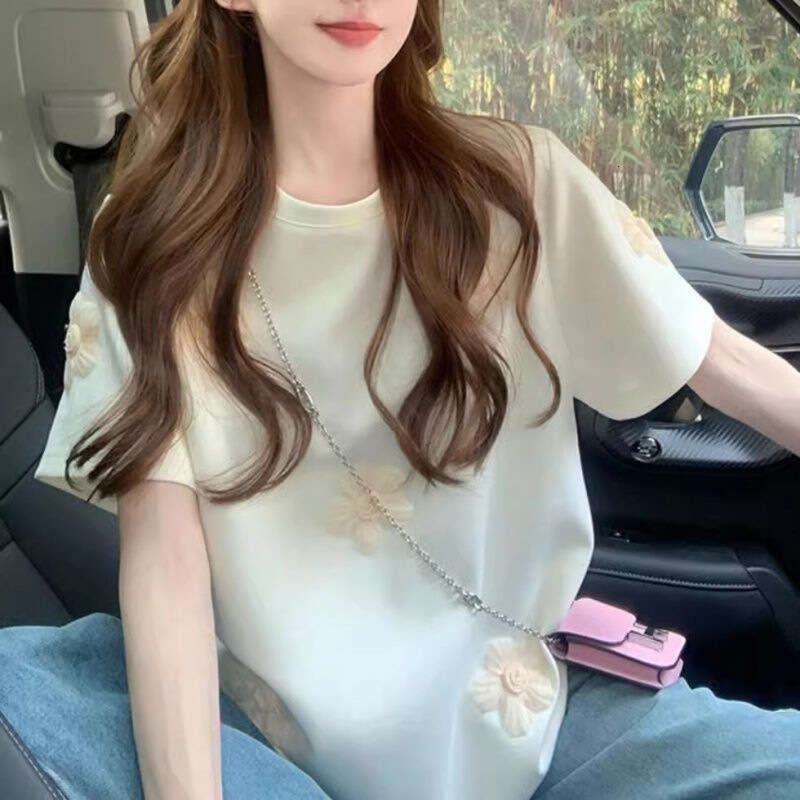 Plus Size Korean Style 3D Flower Short Sleeve T-Shirt For Women Summer New Loose Age-Reducing Regular Shoulder Top Trendy B5
