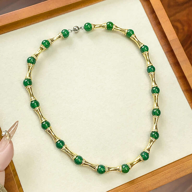 Chinese Style New Jewelry Set Bracelet Clavicle Chain Imitation Natural Green Chalcedony Beads High-End Women 3Fe
