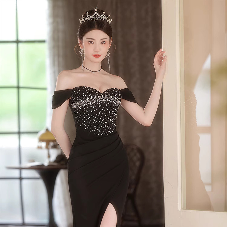 Customized Chinese Style Sequined Jersey Pleat Mermaid Off-the-shoulder Midi Dresses Cocktail Dresses Formal Casual Simple Retr 241223
