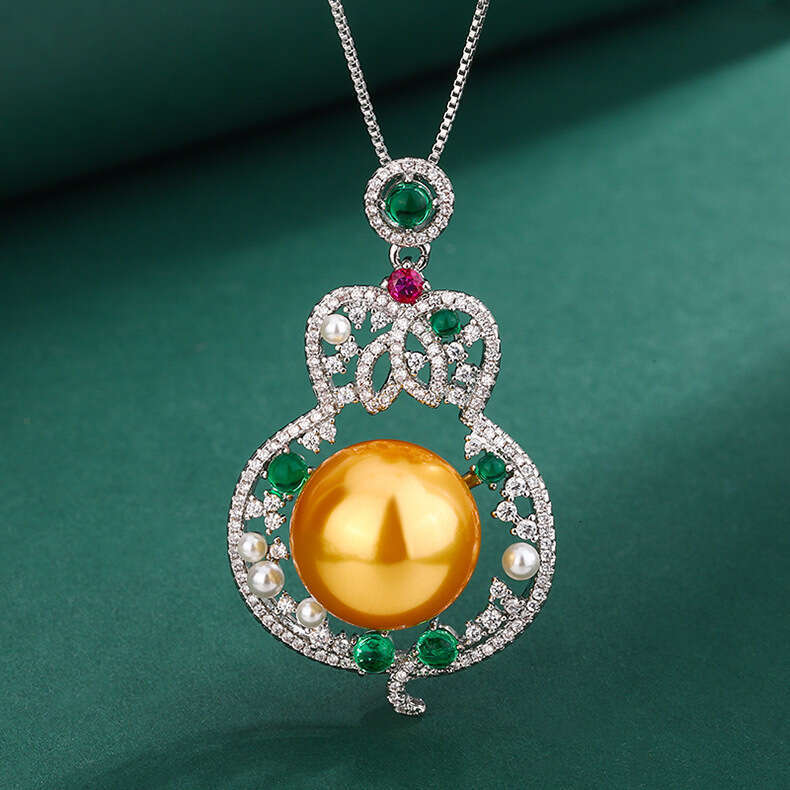 Fashion Red Gourd Pearl Necklace With Hollow Emerald Zircon Pendant For Women 393