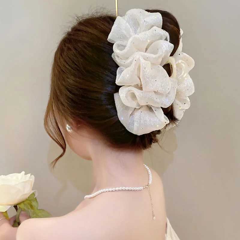 Summer Sweet Mesh Tulle Big Bow Hair Claw Clips for Women Solid Colors Elegant Bowknot Ponytail Clip New Hair Accessories Y250707
