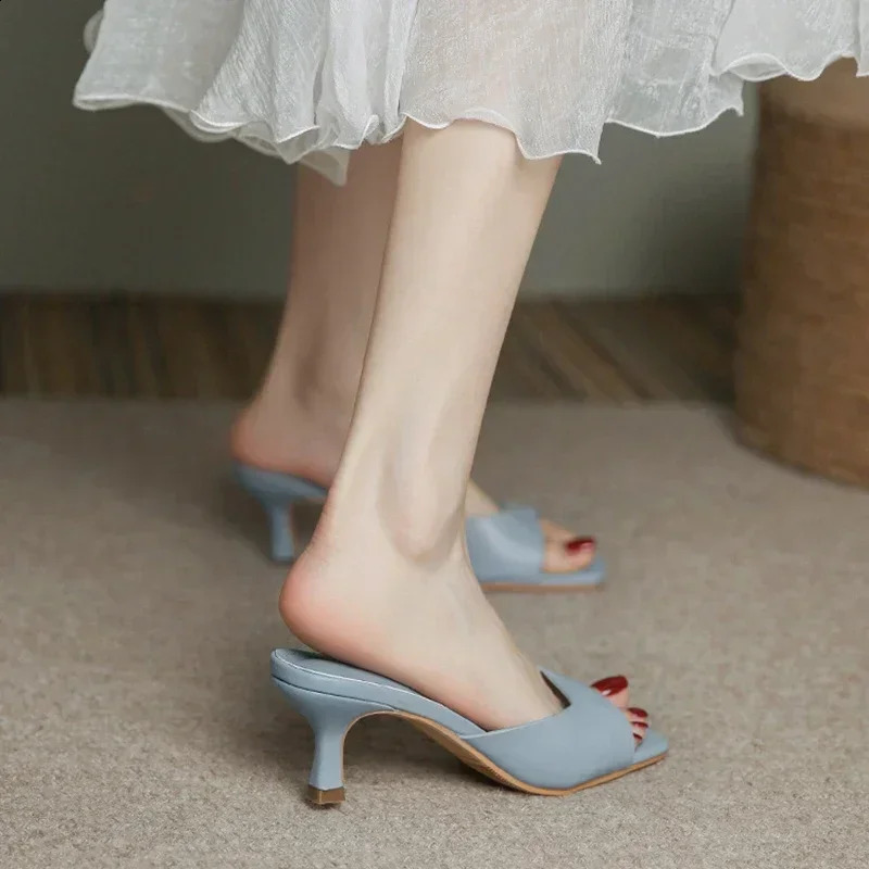 Size 3442 Women Heeled Mules Sandals Soft Leather High Heels Summer Shoes For Slippers Vintage Open Toe Slides 250703