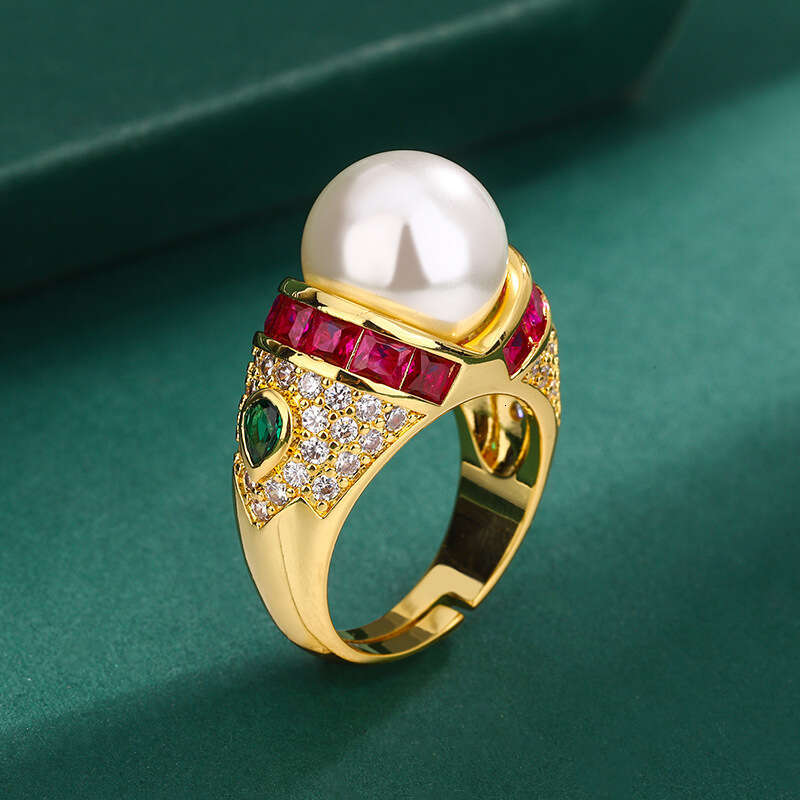 Huayoumei Gold-Plated Light Luxury Enamel Zircon Tahitian Gray Pearl Ring E2f