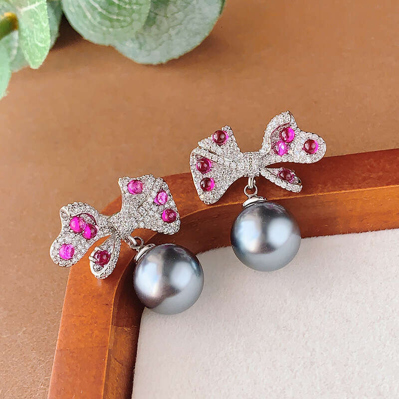 New Pearl Set Necklace Earrings Bowknot Style Jewelry Purple Changing Red Corundum Light Women 4Db