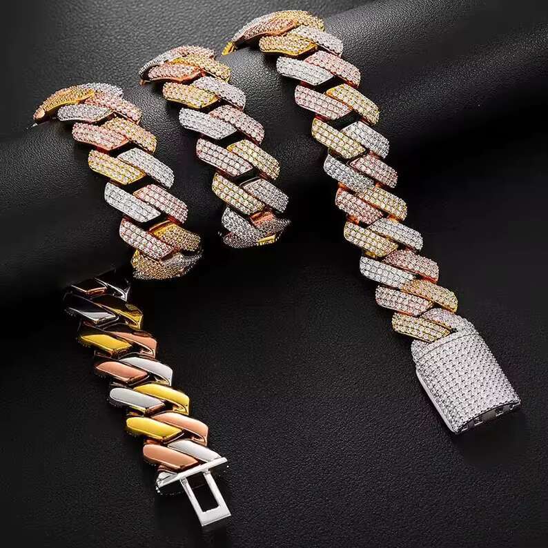 Hip Hop Luxury Jewelry 19MM 3 Tone Moissanite Cuban Chain Necklace Pass Diamond Test Iced Out S925 Cuban Link Chain