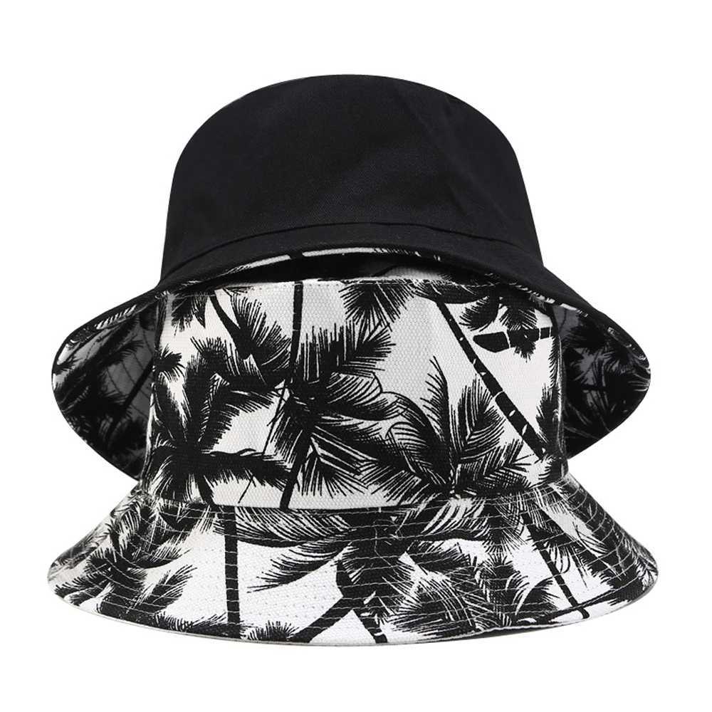 2022 New Unisex Fashion Summer Reversible Black White Coconut Tree Printed Fisherman Caps Bucket Hats Fisherman Hat Men Women Y250707