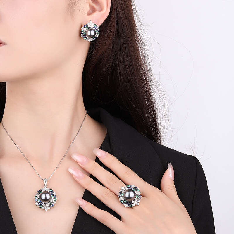 Gray Ring Tahitian Deep Sea Emerald Zircon Flower Necklace Pearl Stud Earring Set Jewelry For Women 8Ba