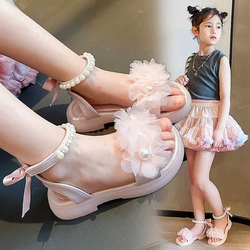 Girls Pearls Sandals with Lace Beaded Princess Kids Gladiator Sandals Princess Sweet 2024 Summer Kids Beach Shoes with Bow-knot R250707