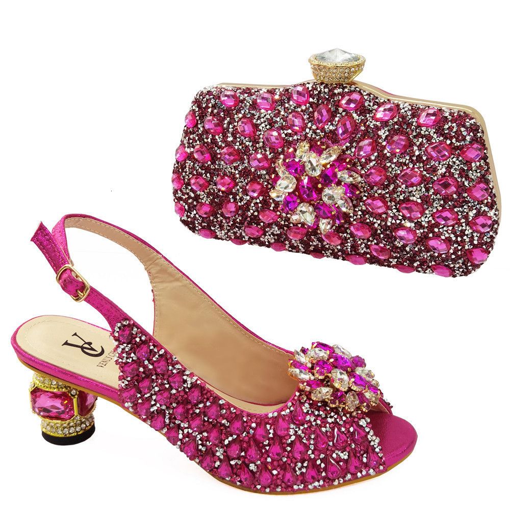 Fashionable African Shoes and Bag Set Italian Women Fuchsia Color Nigerian Shoes with Matching Bags for Royal Wedding Party