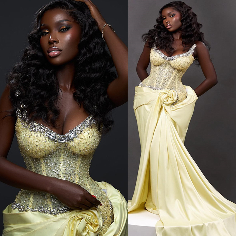2025 African Light Yellow Aso Ebi Prom Dress African Mermaid Prom Dresses Evening Formal Gowns Beaded Crystals Pearls Birthday Dress Second Reception 