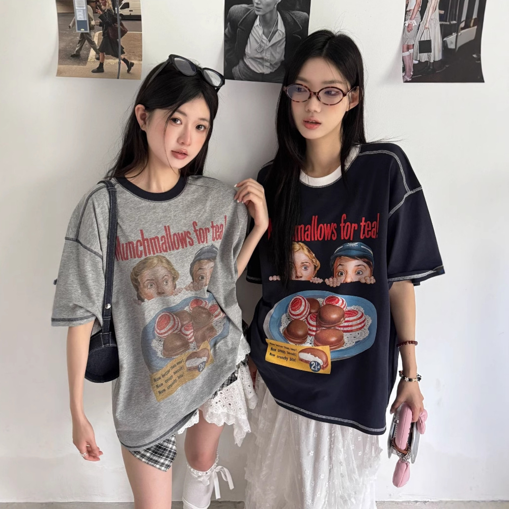 2025 Summer new women's T-shirt retro style distressed color block cartoon spray fashion short sleeved women's T-shirt new designer T-shirt