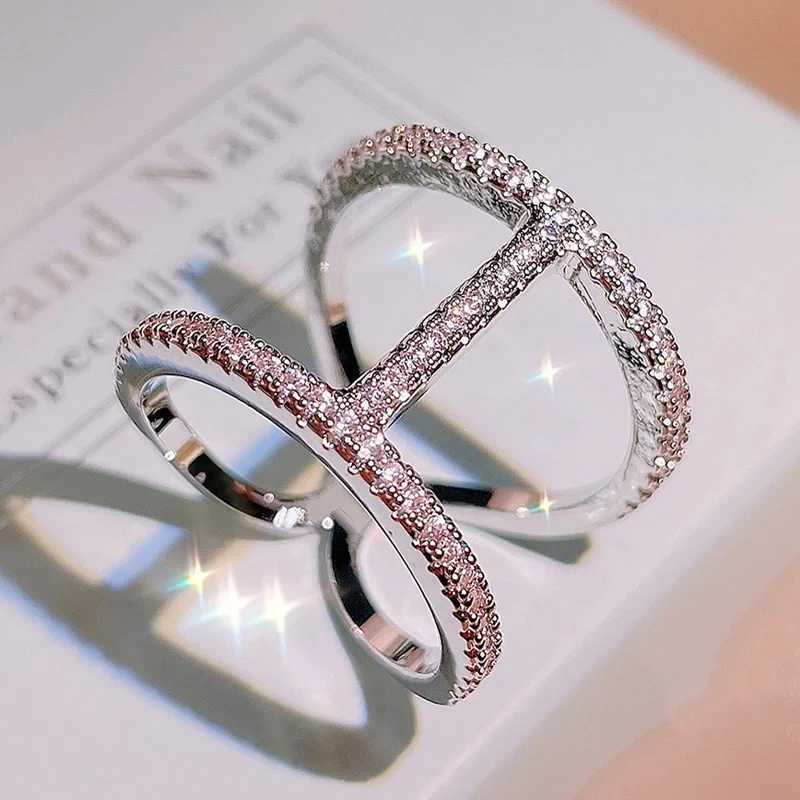 Simple Geometric Double Line Cross Genuine 925 Sterling Silver Ring Hollowed Out Trendy Fine Jewelry for Charm Women Bijoux XJ250707