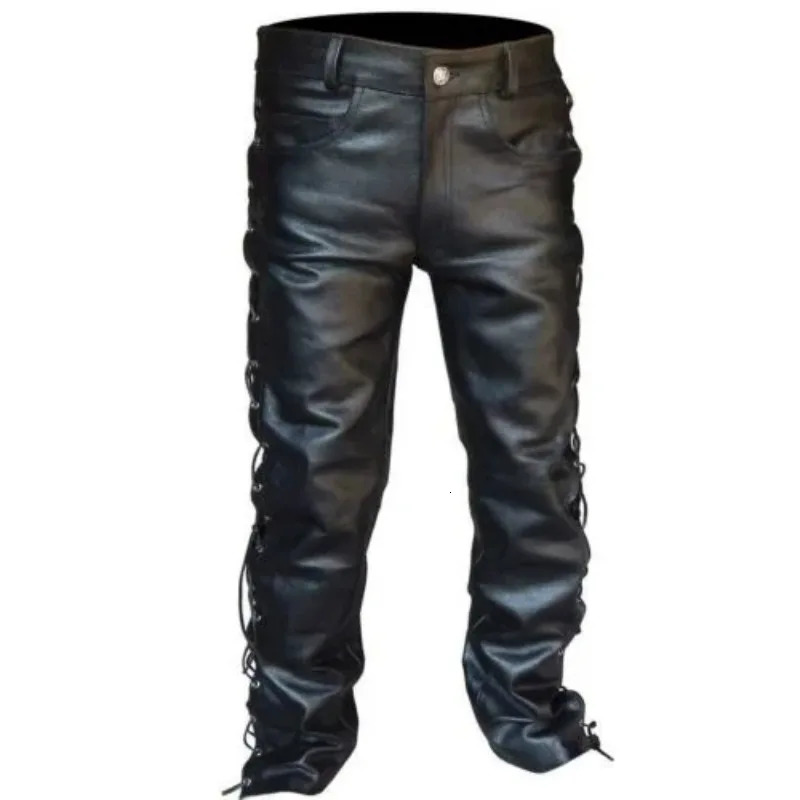Mens Black Thick Leather Side Laces Up Jeans Style Long Pant Motorcycle Trousers Pants 250704
