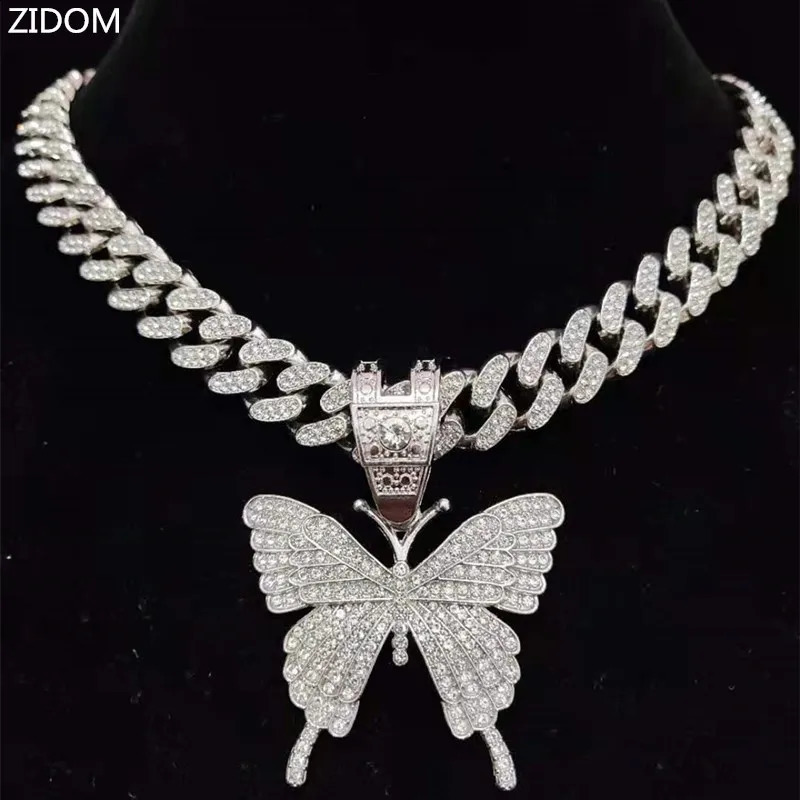 Men Women Hip Hop Iced Out Bling Butterfly Pendant Necklace with 13mm Miami Cuban Chain HipHop Necklaces Fashion Charm Jewelry 250707