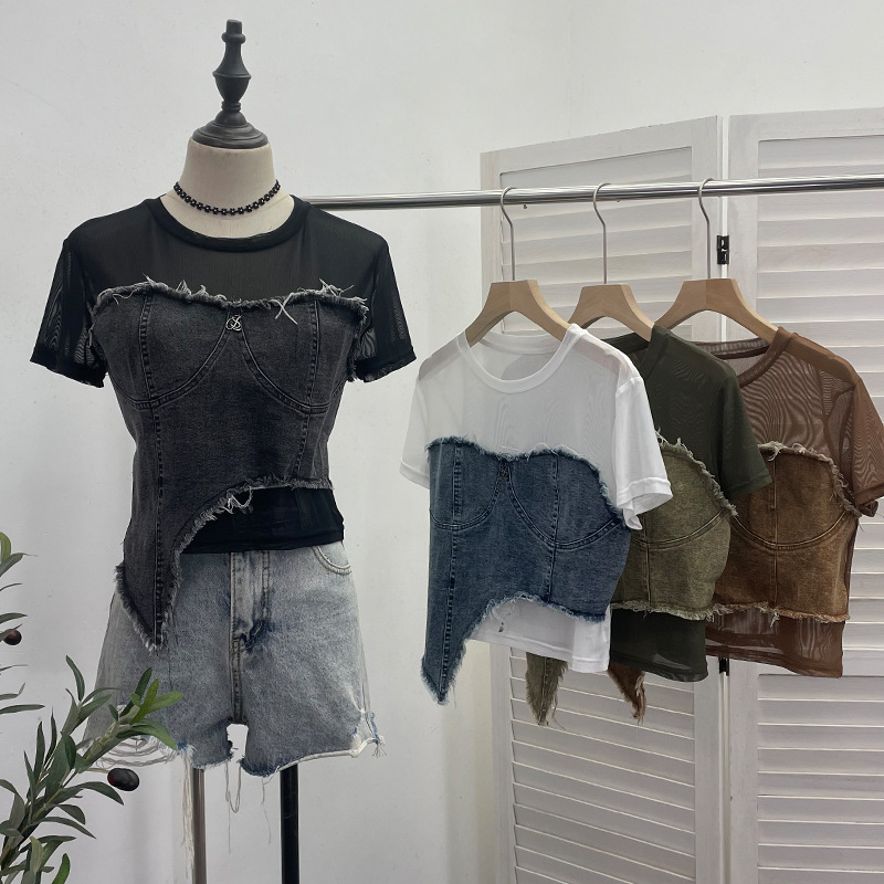 2025 Summer new women's T-shirt denim splicing niche short sleeved T-shirt summer fashion irregular high waist slim fit top new designer T-shirt