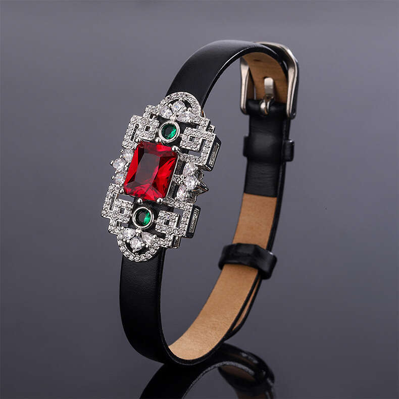 Custom Jewelry Leather Wristband With Simulated Red Zircon Full Dia Cowhide Strap Bracelet For Women 8Da