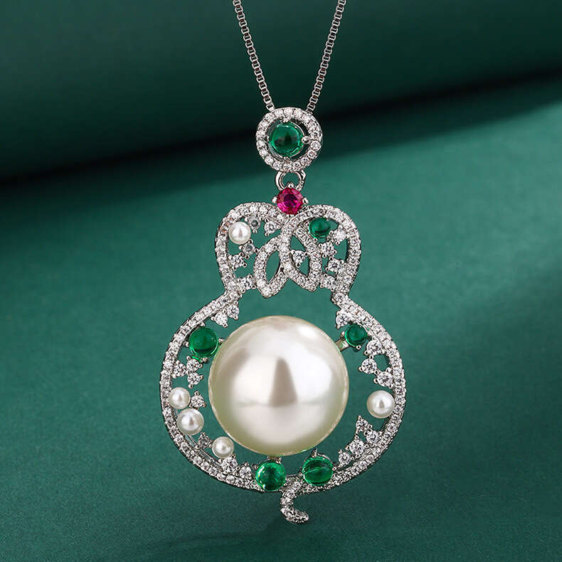 Fashion Red Gourd Pearl Necklace With Hollow Emerald Zircon Pendant For Women 393