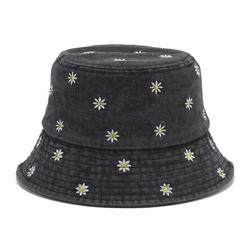 2024 Four Seasons Denim Flower Embroidery Bucket Hat Fisherman Hat Outdoor Travel Sun Cap for Men and Women Y250707