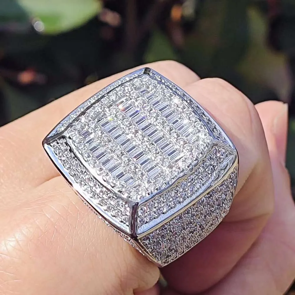 Iced Out Round Cut Simulated Diamond Ring, Gold Plated Hiphop Style, Statement Ring for Men Mens Moissanite Jewelry Ring