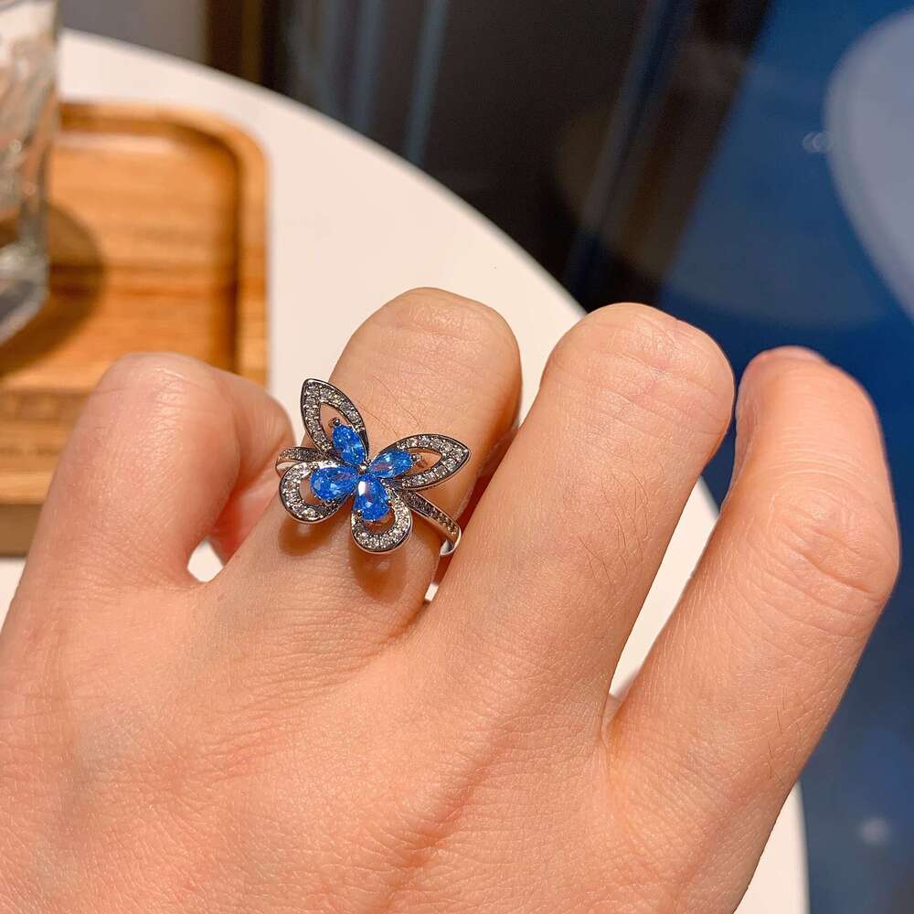 Douyin Live S Sier Needle Sea Blue Dia Butterfly Three-Piece Set Bracelet Necklace Ring Earrings Wedding Jewelry E03