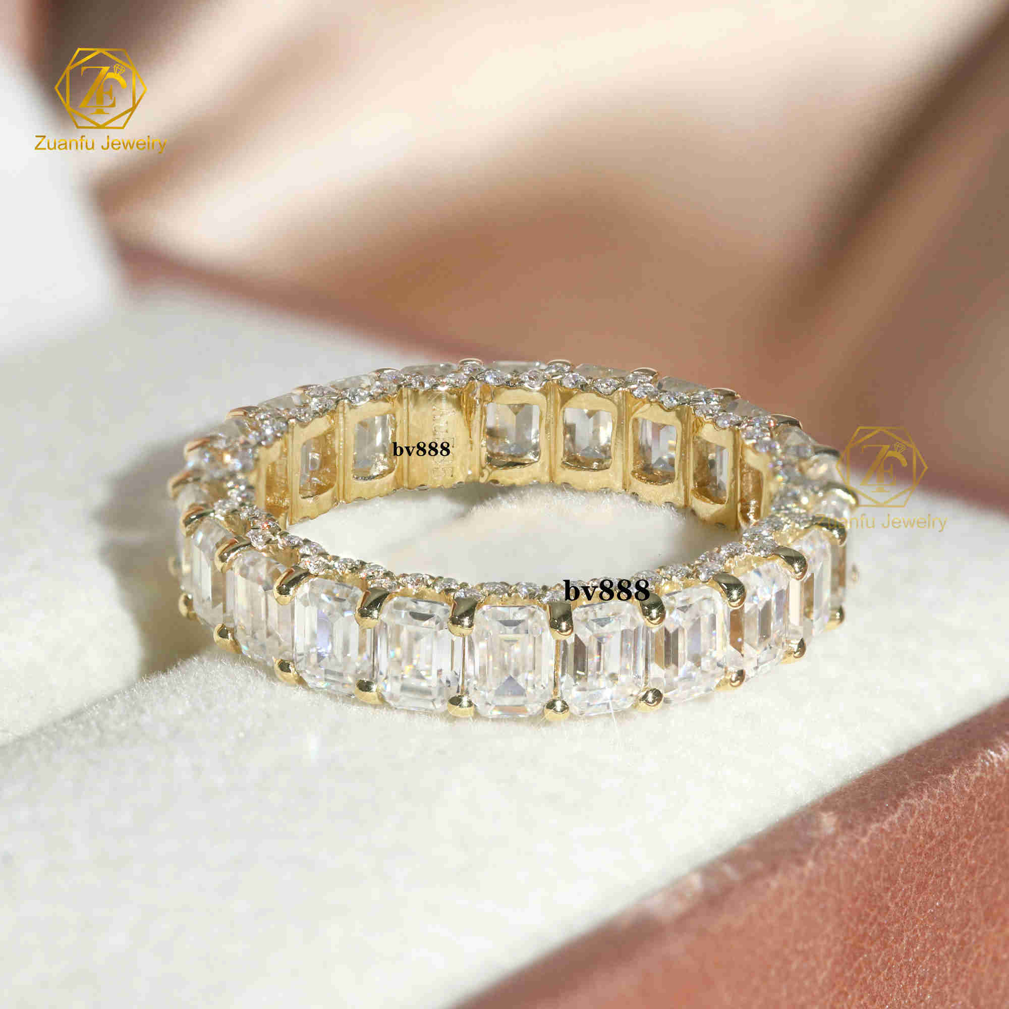 Fine Jewelry Women 14K Yellow Gold 3x4mm Emerald Cut Eternity Rings Moissanite Diamond Ring