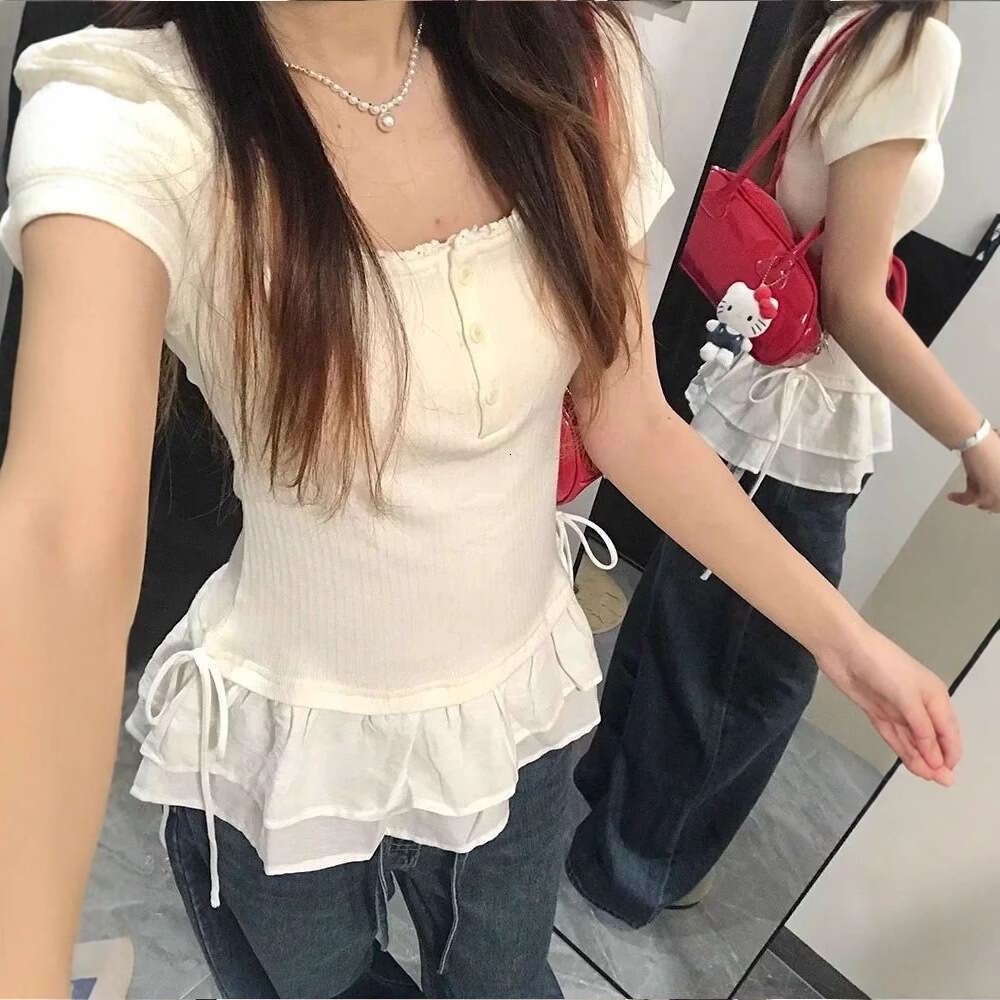Lace Trim U-Neck Regular Shoulder Short Sleeve T-Shirt For Women Summer New Design Slim Fit Sweet Style Trendy Top B5