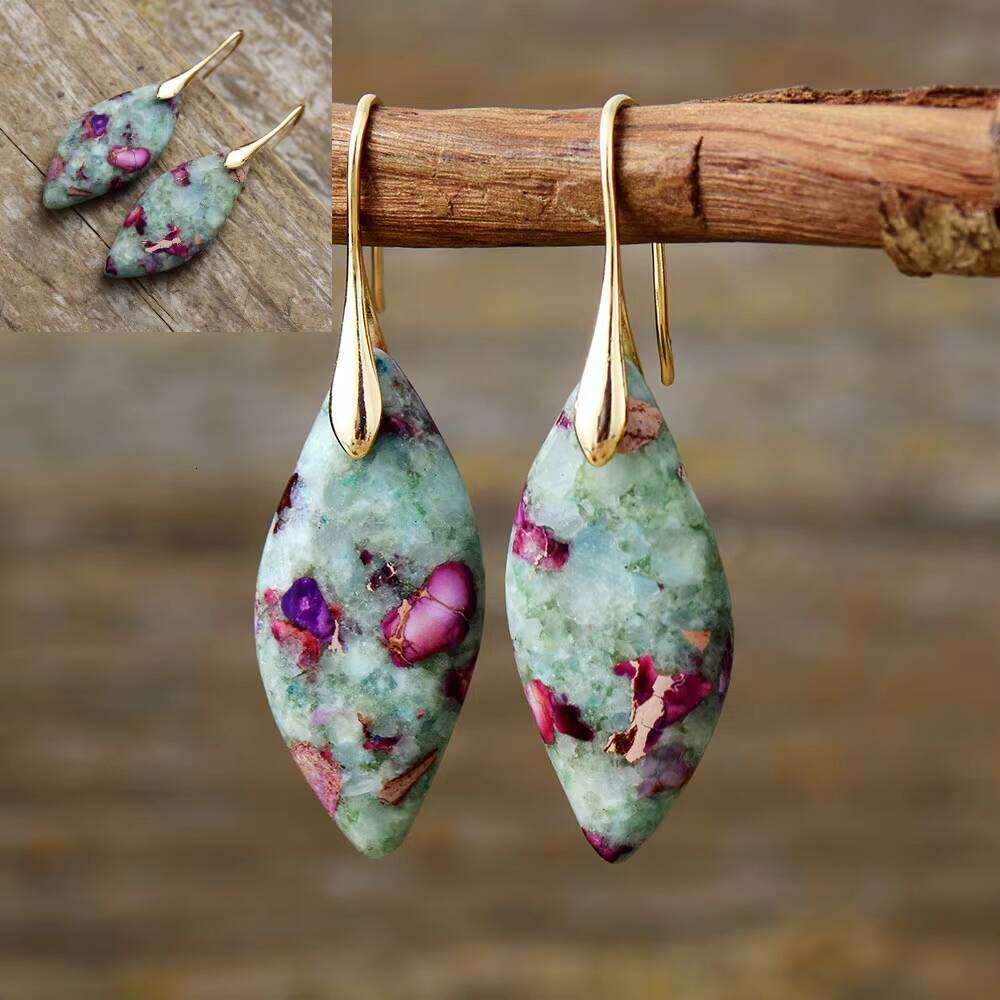 Bohemian Hook Hanging Wrist Guard Women's Stone Earrings Sier Plated Imperial Jasper Jewelry Drop-Shipping