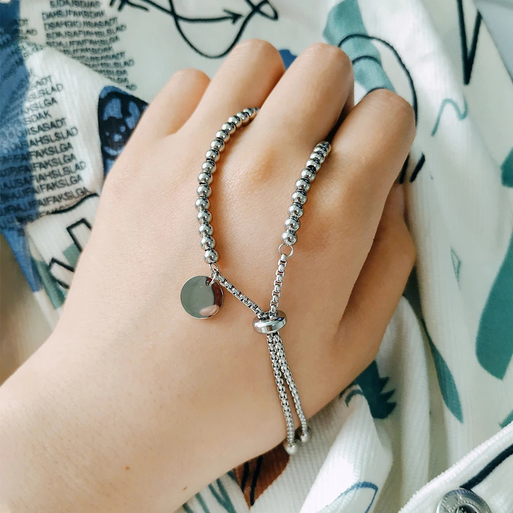 VQYSKO Fashion Stainless Steel Custom Bracelet Letter Tag Ball Beads Adjustable Womens Jewelry 250707