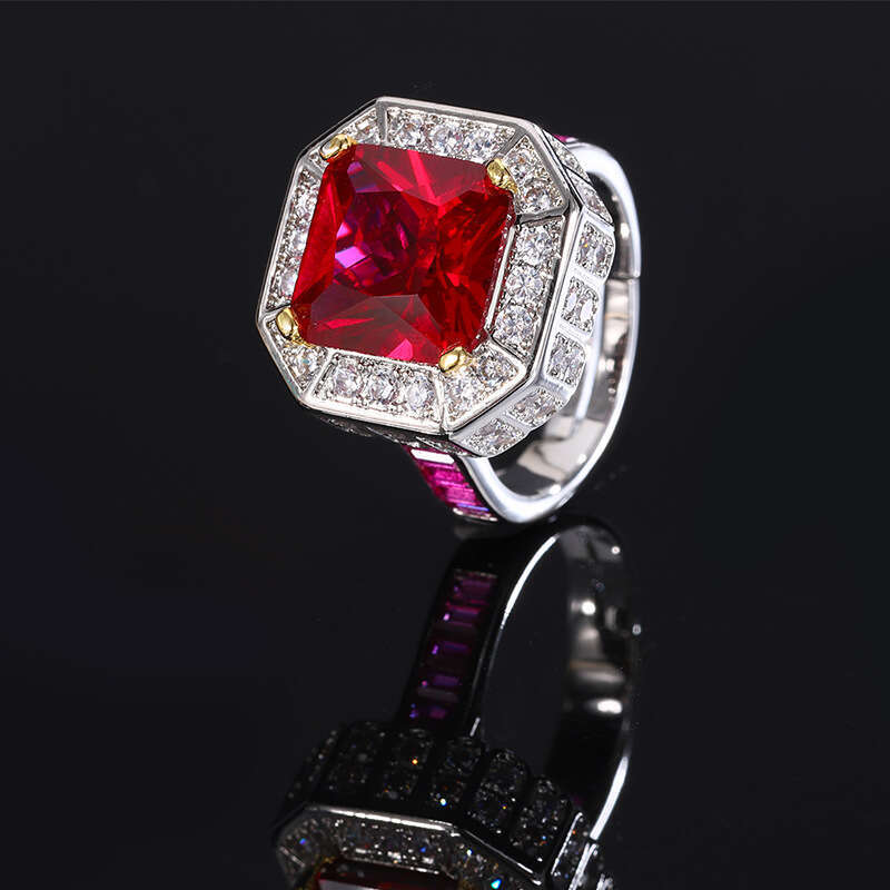 Jewelry Live Copper Base Silver Plated Imitation Red Corundum With Diamond And Emerald Zircon Ring 448