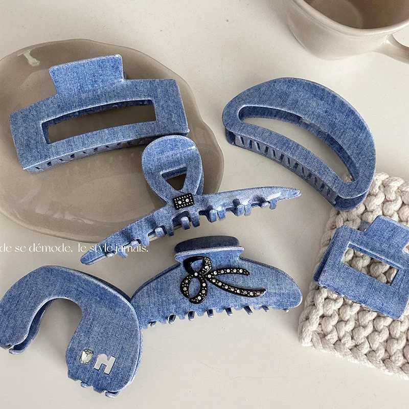 NEW Women Denim Blue Acetate Hair Claws Barrettes Hairpins Large Ponytail Hair Clips Girls Hair Accessories Shark Clip Hairgrip Y250707