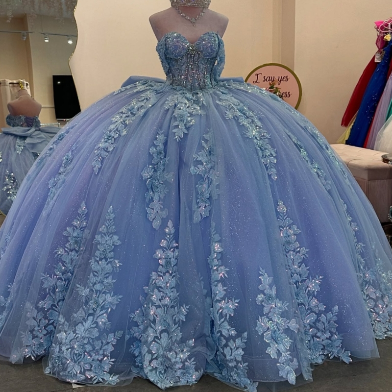 Blue Shiny Quinceanera Dresses Ball Gown Off The Shoulder Applique Lace Beading Crystal Tull Corset Party Birthday Sweet 16 Dress Vestidos 15 Anos